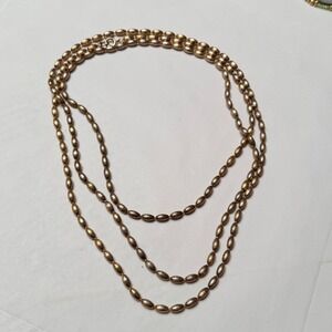 Vintage Gold Tone Long Strand Textured Rice Bead Necklace 64 Inch Layering